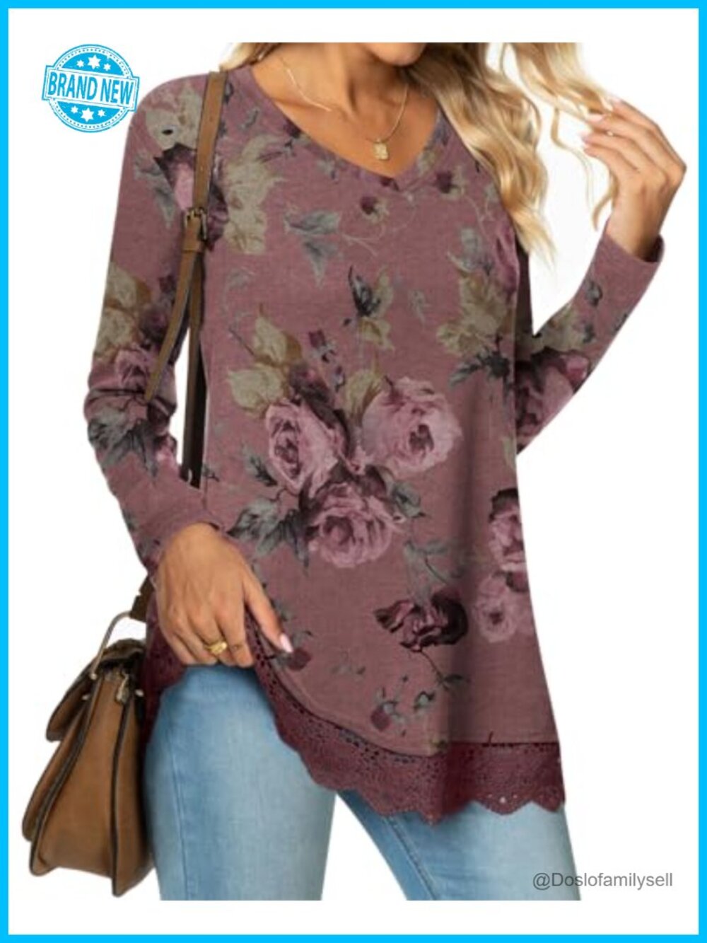 Womens Loose Fit Tunic Top Long Sleeve V-Neck Lace Hem Casual Blouse